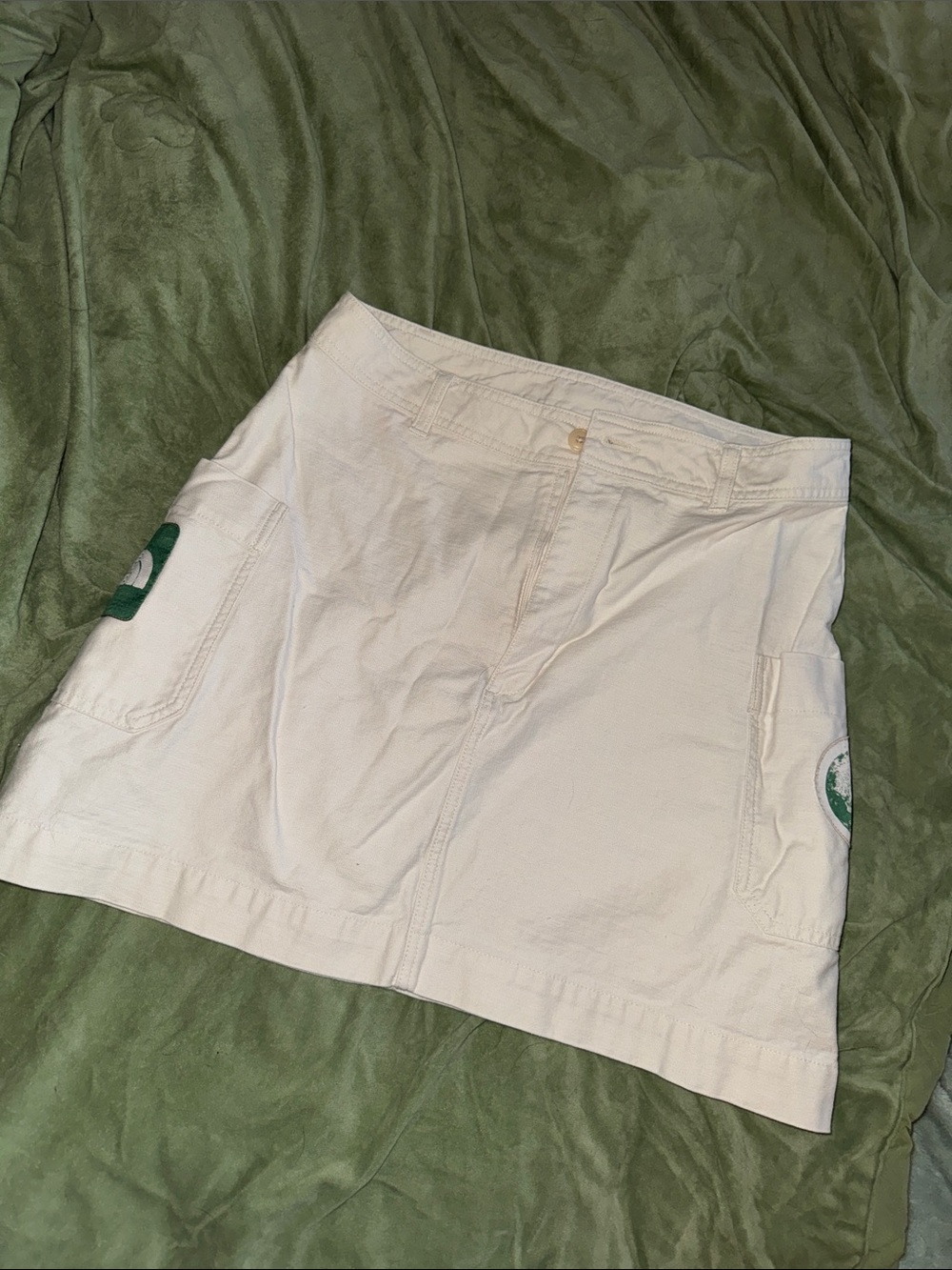 White Women's Cargo Midi Skirt with Green Patch Accent